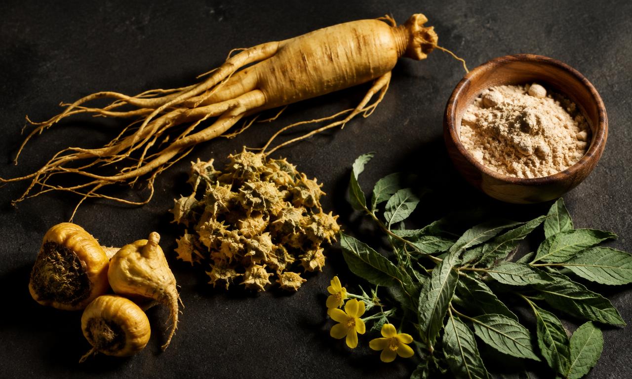 Herbal ingredients commonly found in male vitality formulas: ginseng, tribulus, maca and horny goat weed