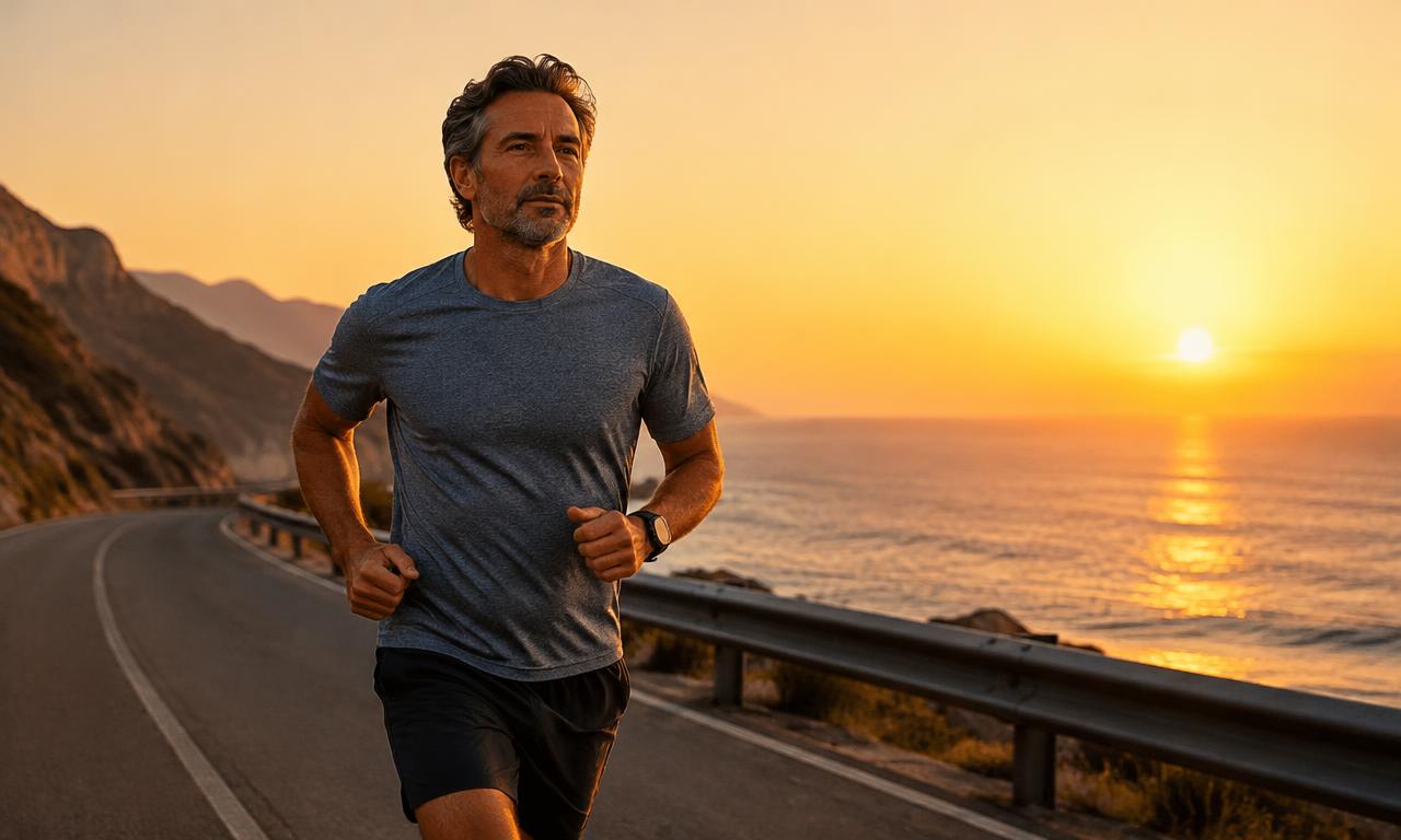 Active man jogging at sunrise, representing a healthy routine